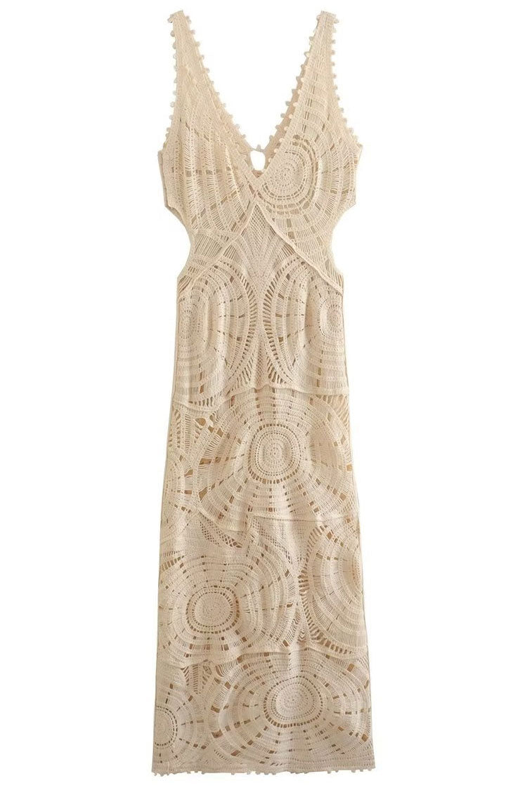 Stylish V Neck Cutout Circle Crochet Open Knit Maxi Beach Vacation Dress - Beige