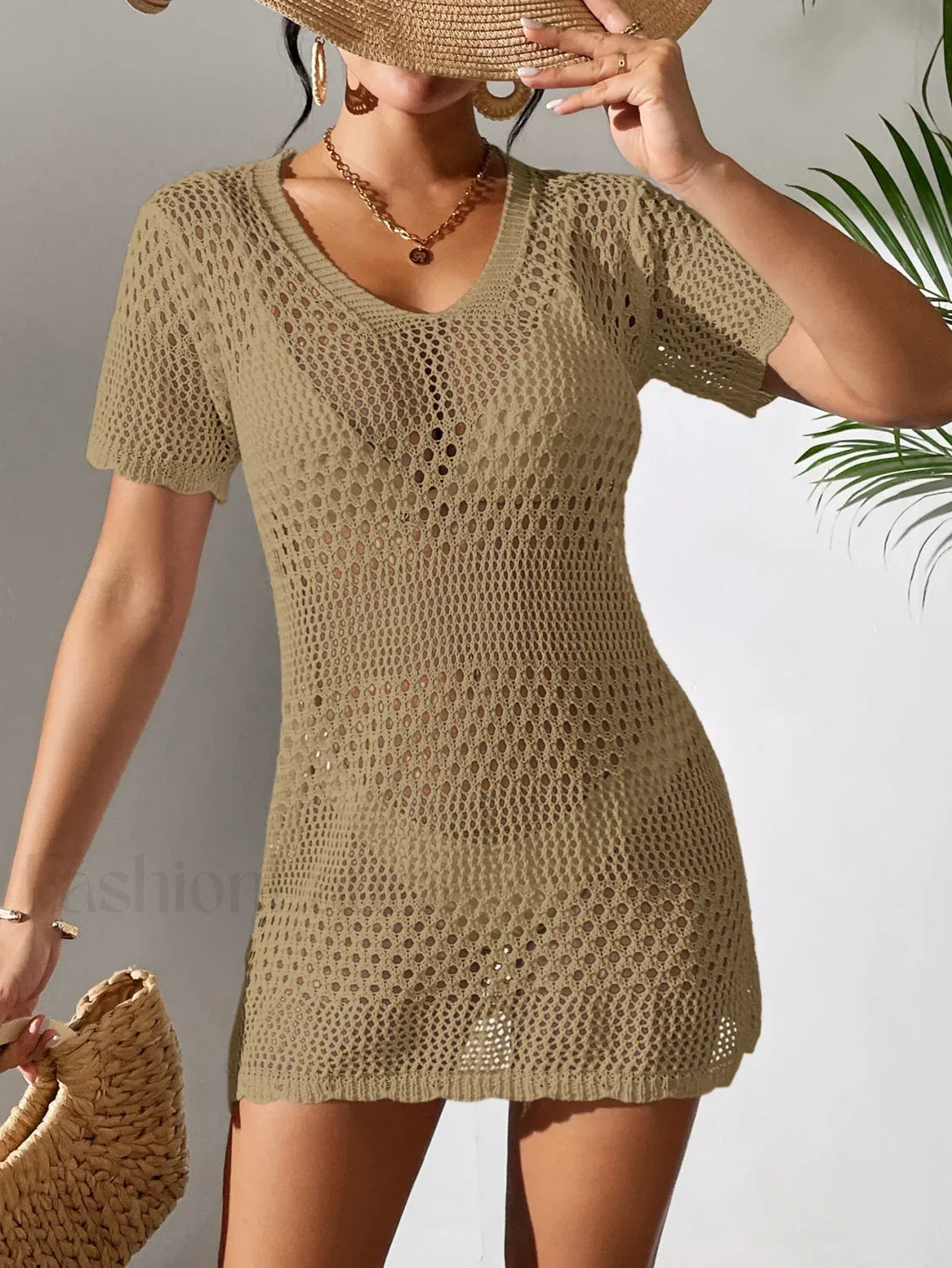 Sexy V Neck Hollow Knit Cover Up Khaki / S