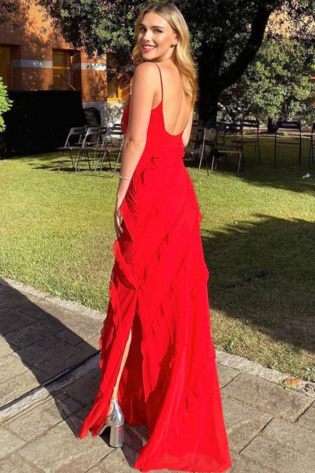 V Neck Spaghetti Strap Split Chiffon Ruffle Slip Maxi Dress - Red - View 2