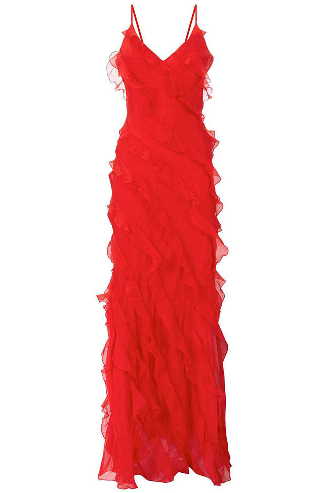 V Neck Spaghetti Strap Split Chiffon Ruffle Slip Maxi Dress - Red - View 3