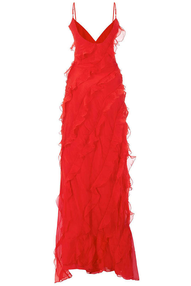 V Neck Spaghetti Strap Split Chiffon Ruffle Slip Maxi Dress - Red - View 4