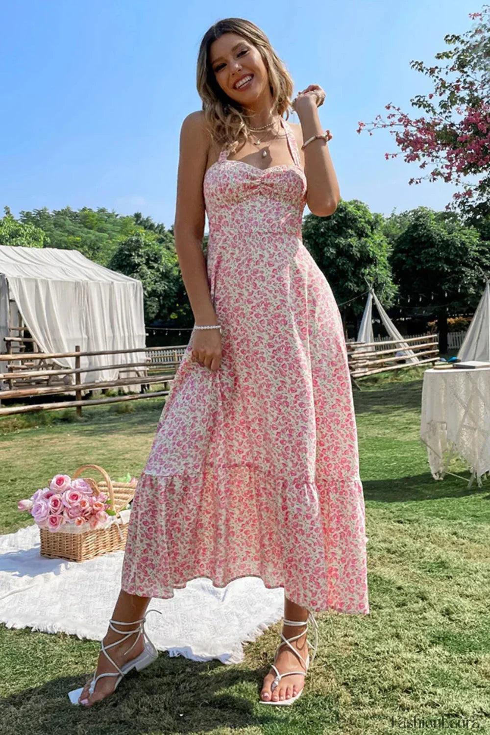 Sexy Wind Neck Sleeveless High Waist Backless A-Line Floral Dress