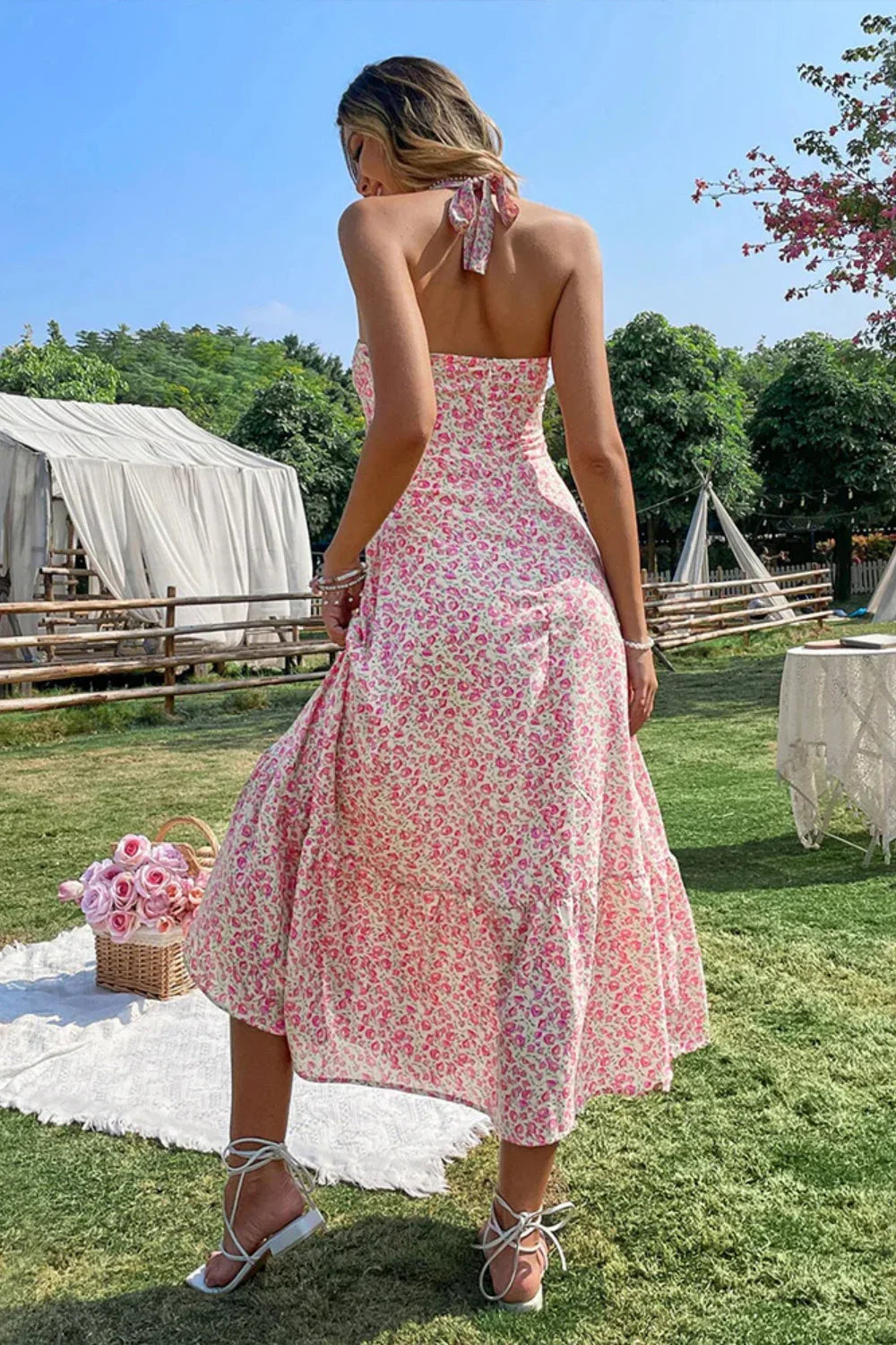 Sexy Wind Neck Sleeveless High Waist Backless A-Line Floral Dress