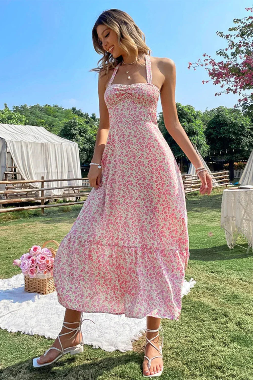 Sexy Wind Neck Sleeveless High Waist Backless A-Line Floral Dress
