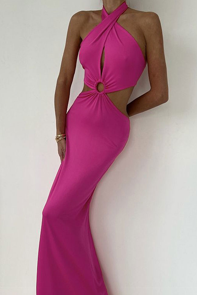 Alluring Wrap Front O Ring Cutout Fishtail Halter Tie Backless Maxi Dress - Rose