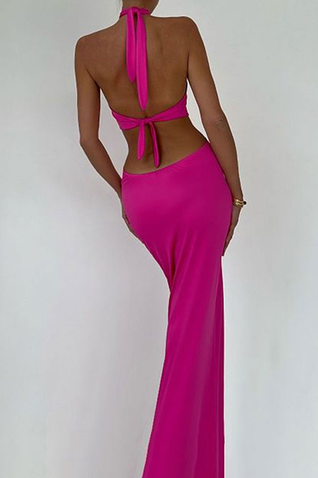 Alluring Wrap Front O Ring Cutout Fishtail Halter Tie Backless Maxi Dress - Rose