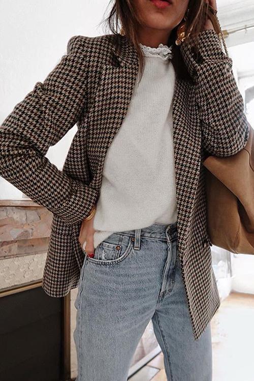 Plaid Button Long Sleeve Blazer