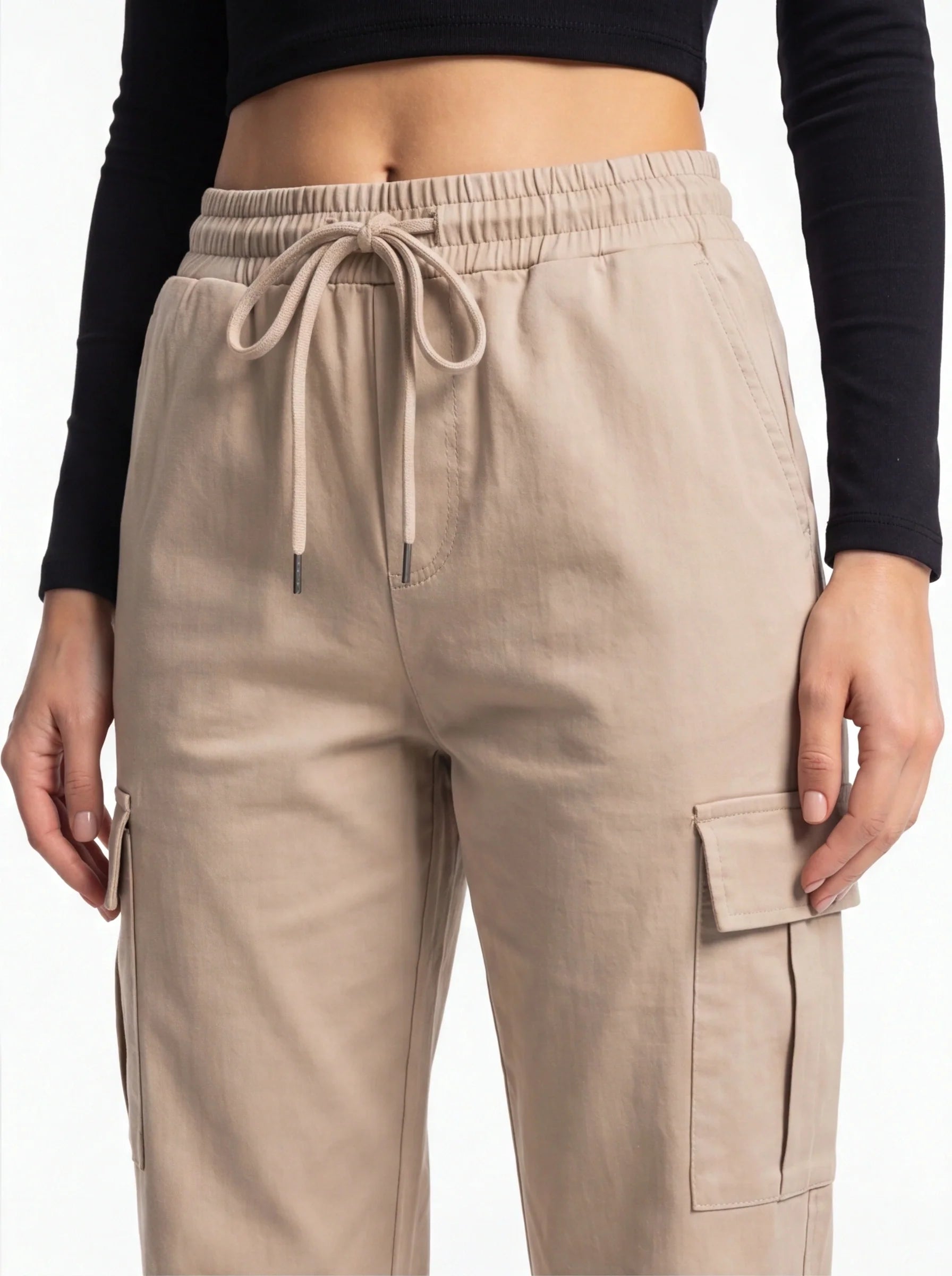 Jamota High Waist Black Cargo Trousers With Stretch Fabric And Pockets For All Day Comfort