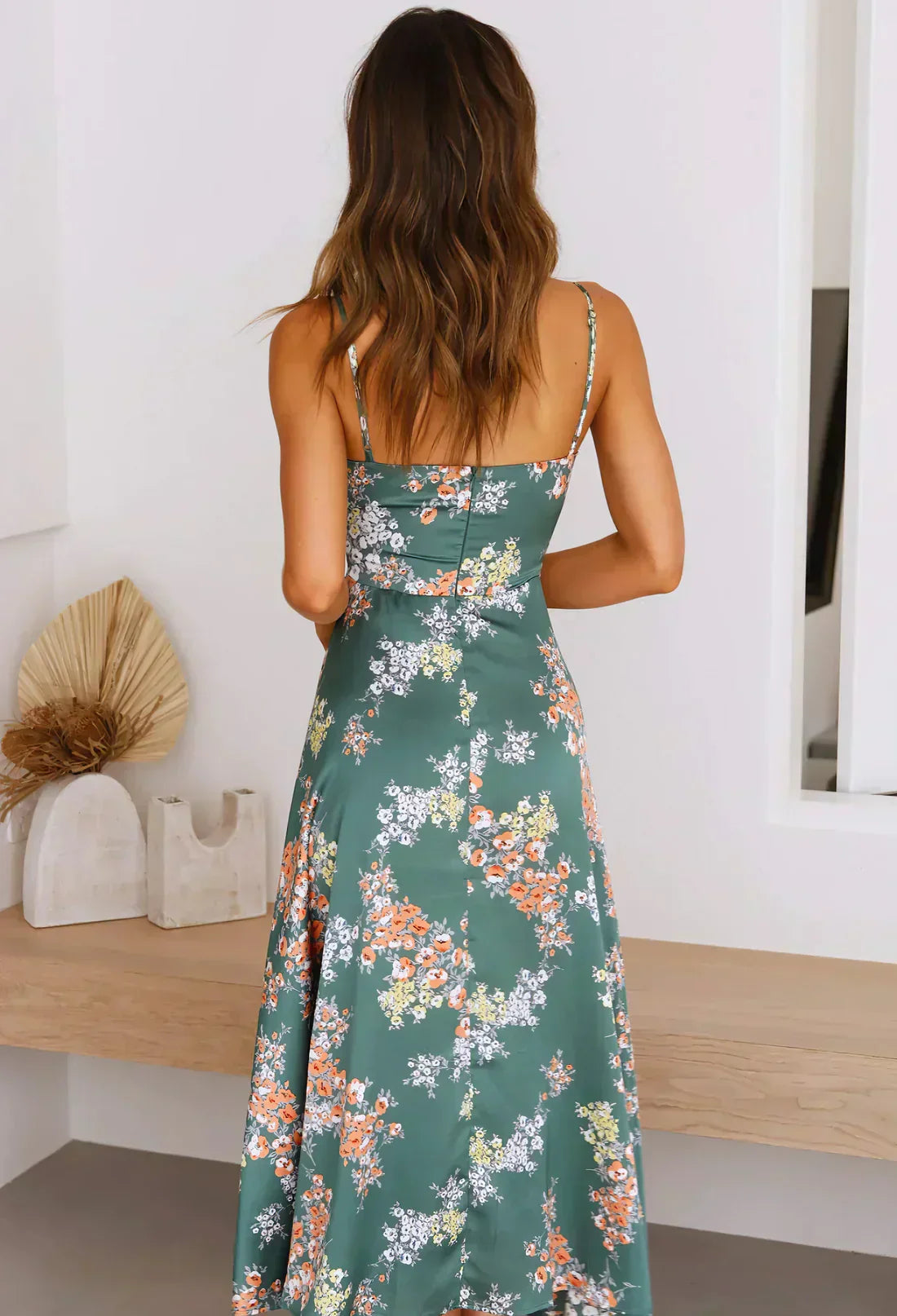 Floral Spaghetti Strap Deep V-Neck Tie Front Cut Out Midi Dress
