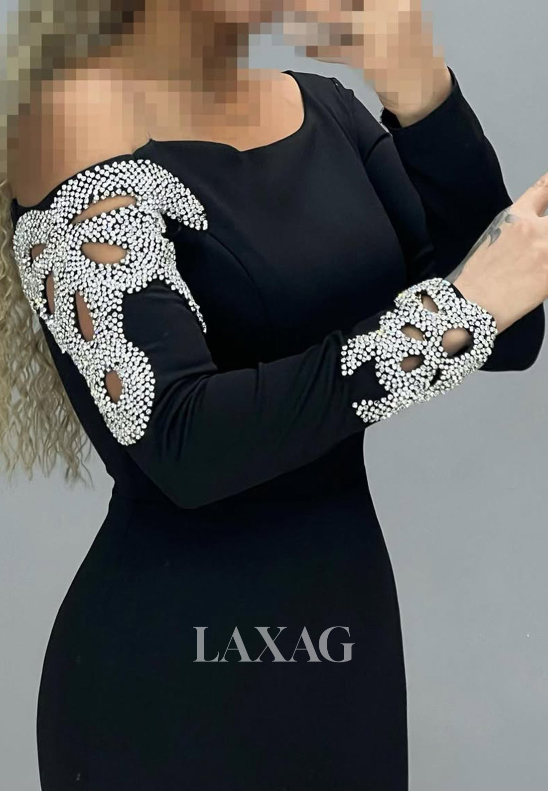 Scoop-Neck Long Sleeves Off-Shoulder Formal Gowns Beaded Satin Sweep Train Mermaid Prom Dress