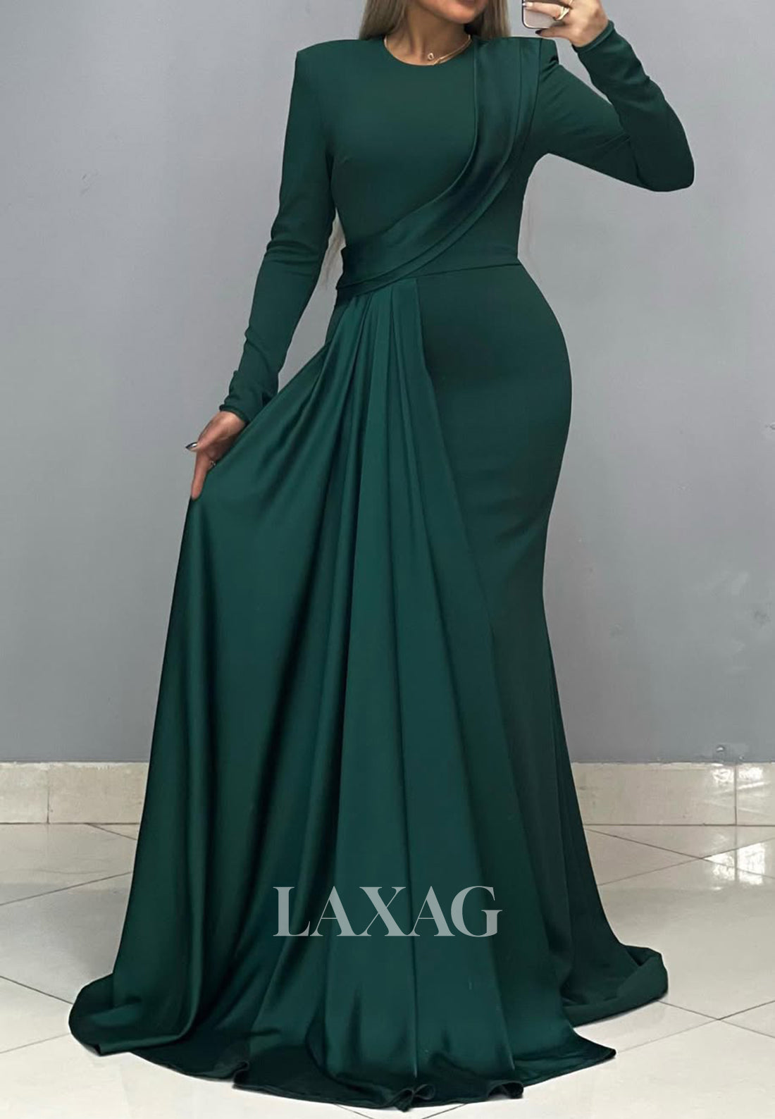 Simple Scoop-Neck Long Sleeves Pleated Satin Mermaid Formal Prom Dress with Sweep Train