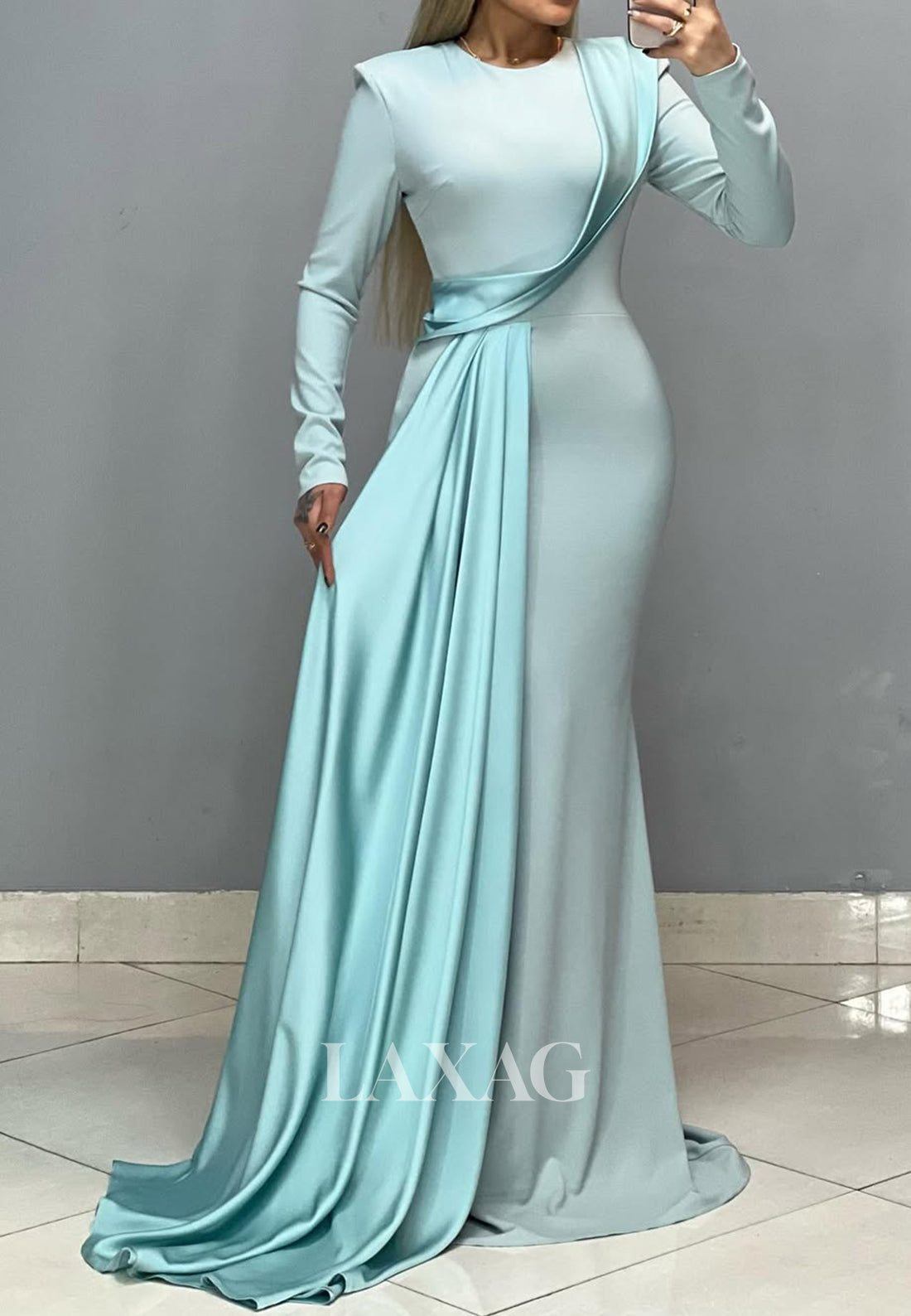 Simple Scoop-Neck Long Sleeves Pleated Satin Mermaid Formal Prom Dress with Sweep Train