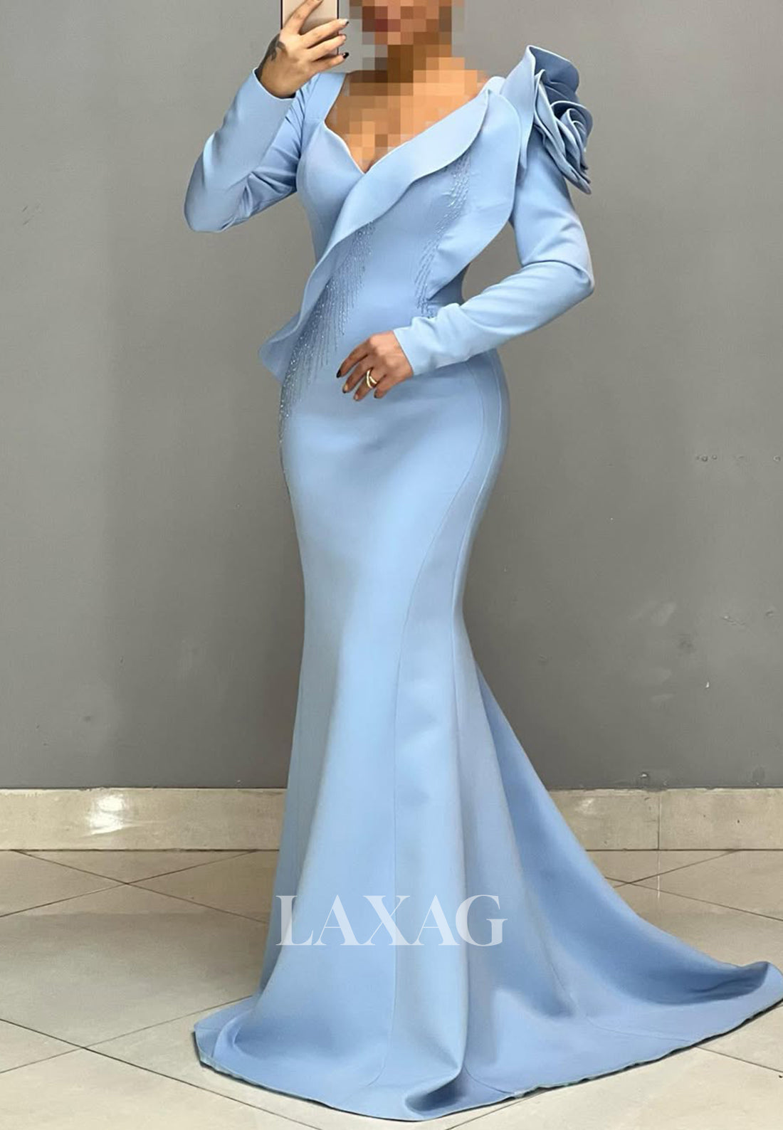 Ruffled V-Neck Long Sleeves Beaded Pleated Party Gowns Floral Embossed Mermaid Prom Dress