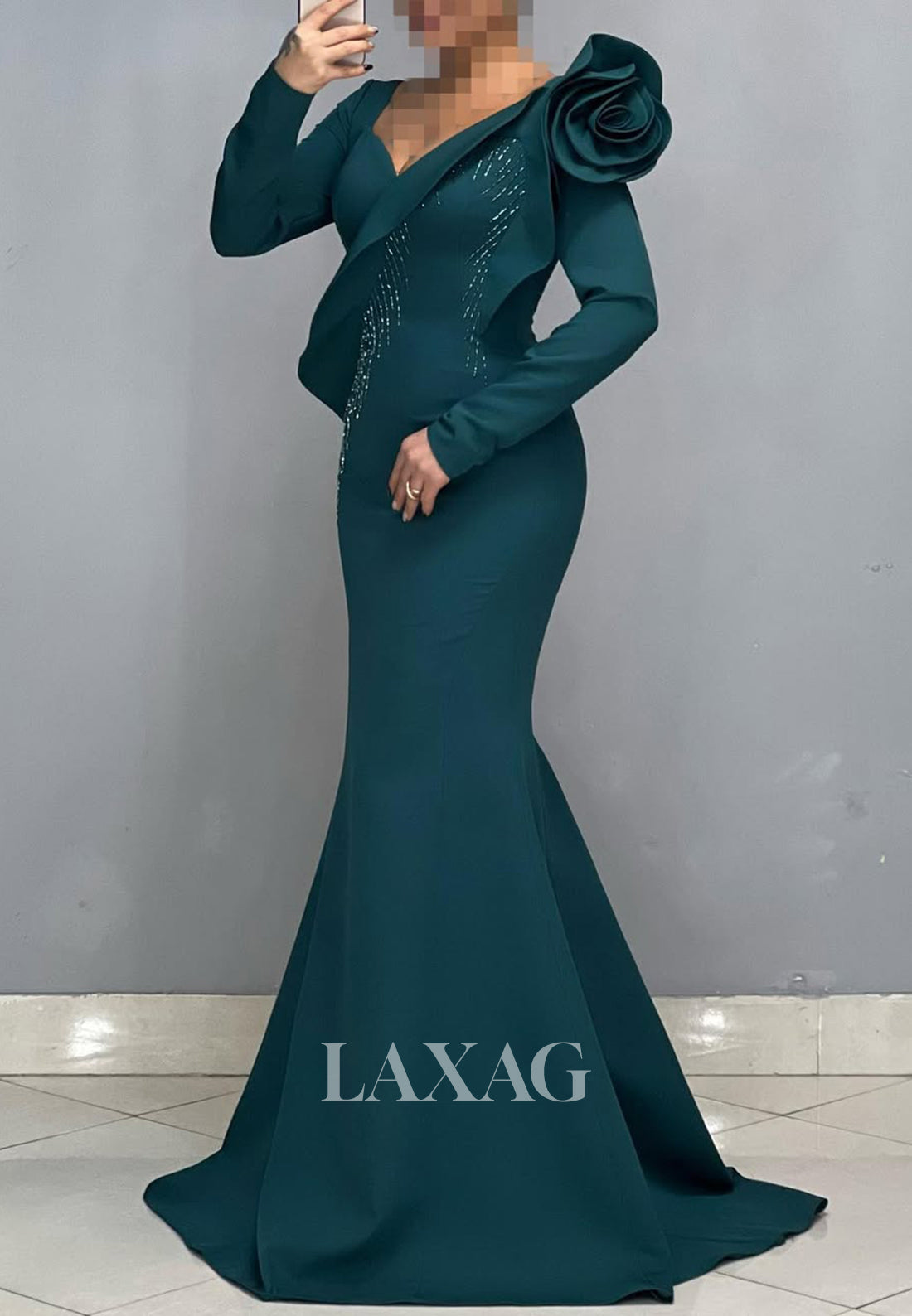 Ruffled V-Neck Long Sleeves Beaded Pleated Party Gowns Floral Embossed Mermaid Prom Dress