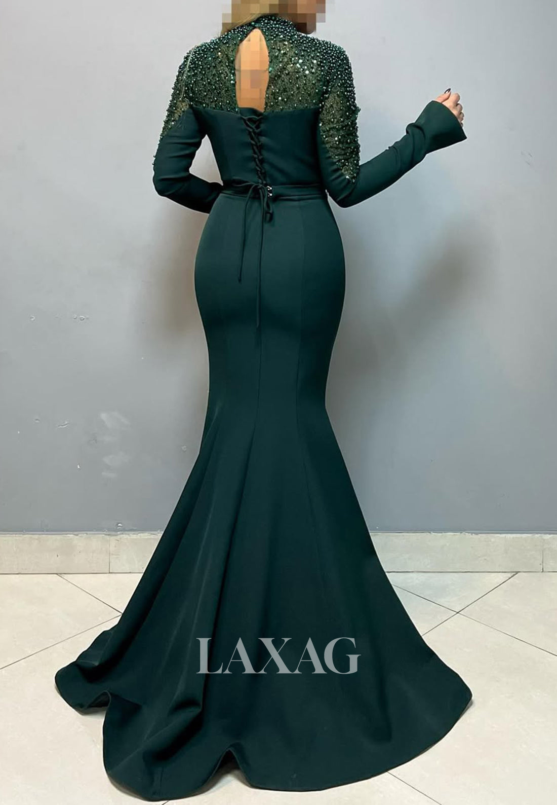 High Scoop-Neck Long Sleeves Formal Gowns Beaded Pearls Mermaid Prom Dress with Sweep Train
