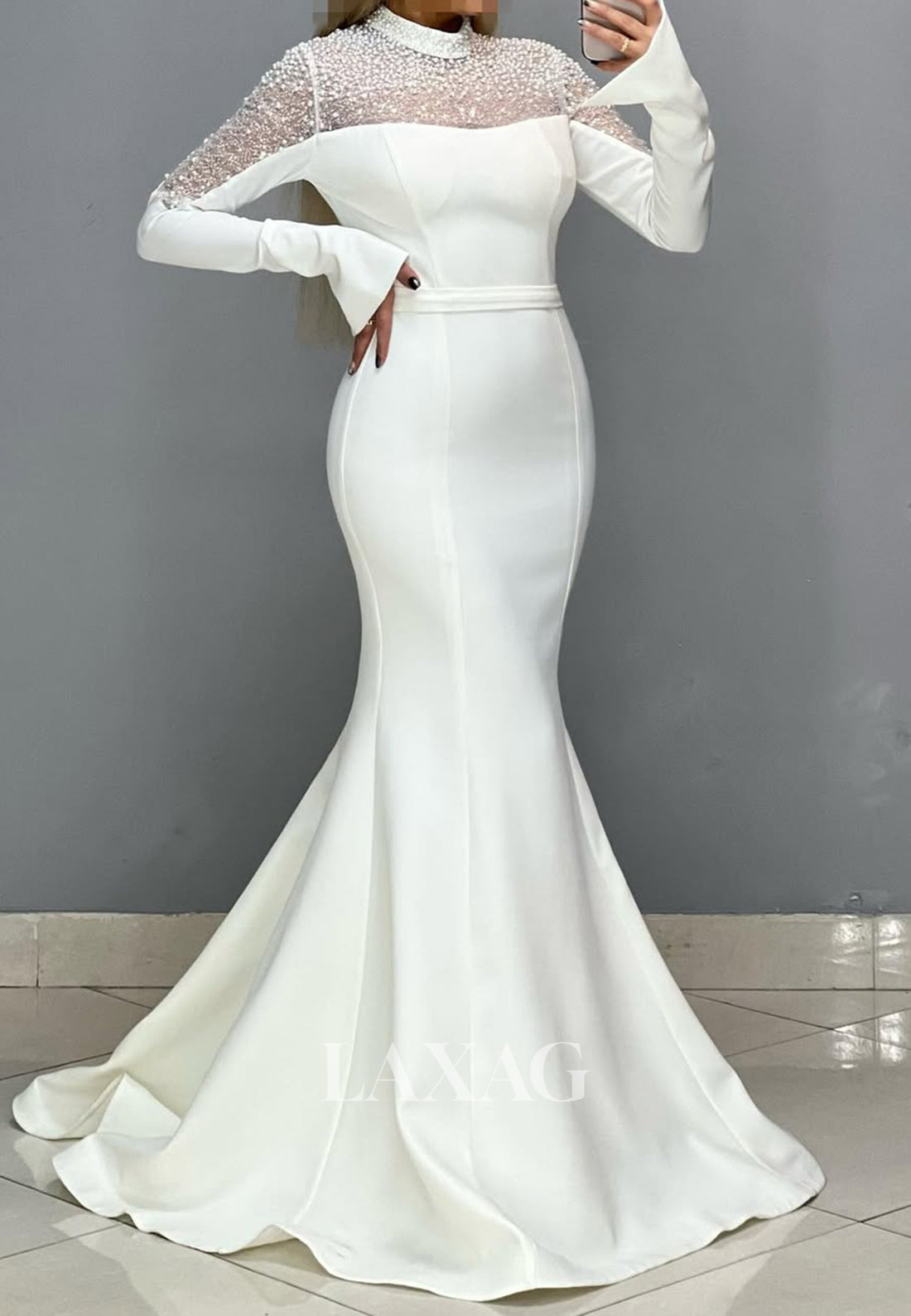 High Scoop-Neck Long Sleeves Formal Gowns Beaded Pearls Mermaid Prom Dress with Sweep Train