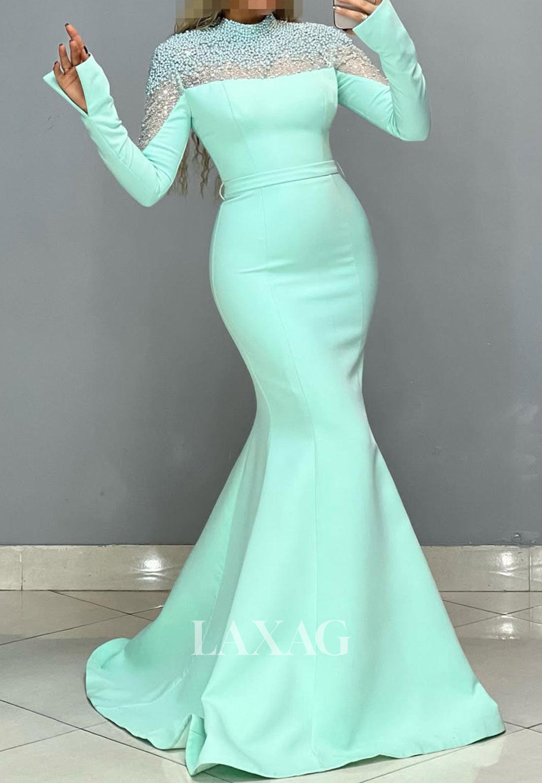 High Scoop-Neck Long Sleeves Formal Gowns Beaded Pearls Mermaid Prom Dress with Sweep Train