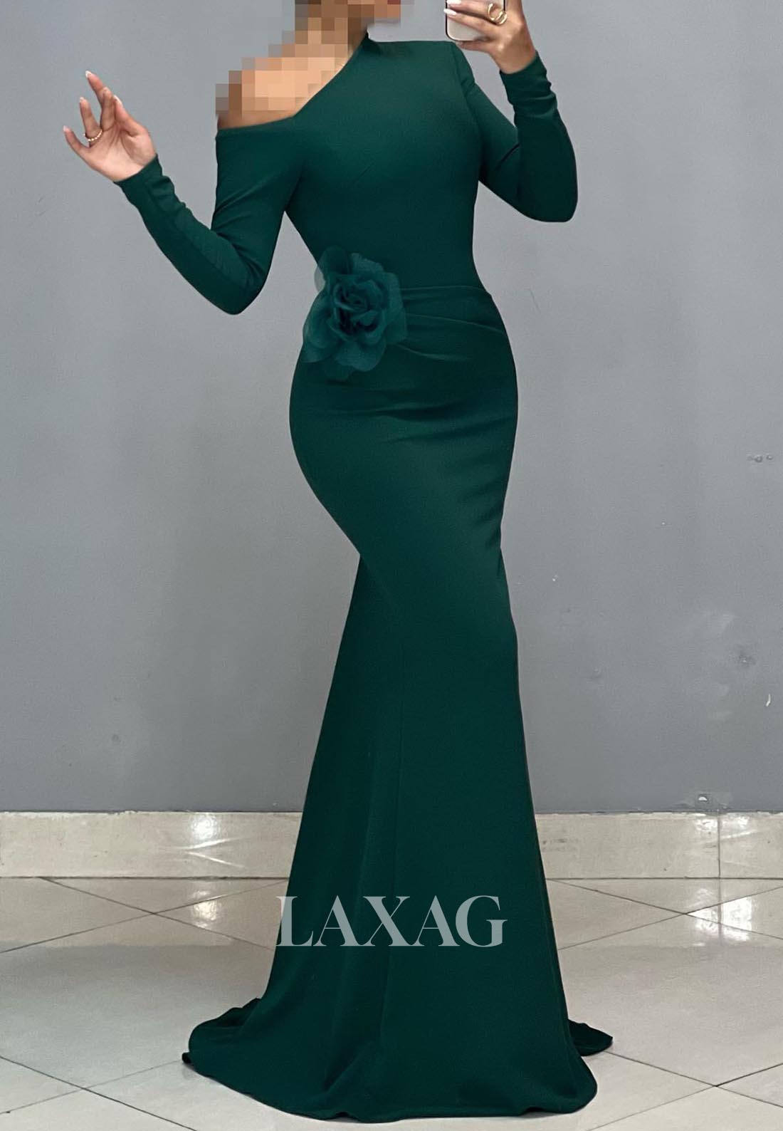 Asymmetrical-Neck Long-Sleeves Satin Formal Gowns Pleated Sweep Train Mermaid Evening Dress