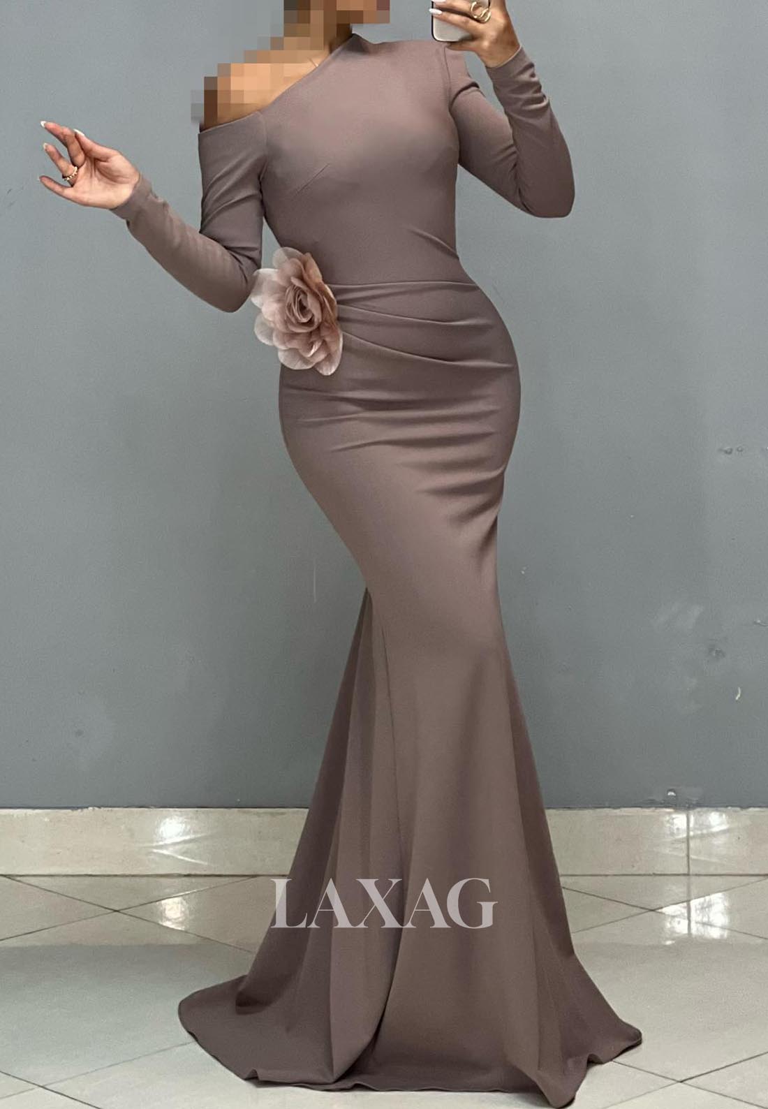 Asymmetrical-Neck Long-Sleeves Satin Formal Gowns Pleated Sweep Train Mermaid Evening Dress