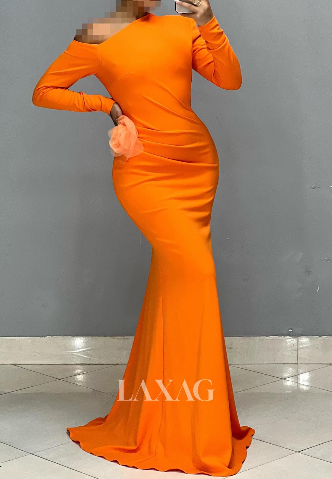 Asymmetrical-Neck Long-Sleeves Satin Formal Gowns Pleated Sweep Train Mermaid Evening Dress