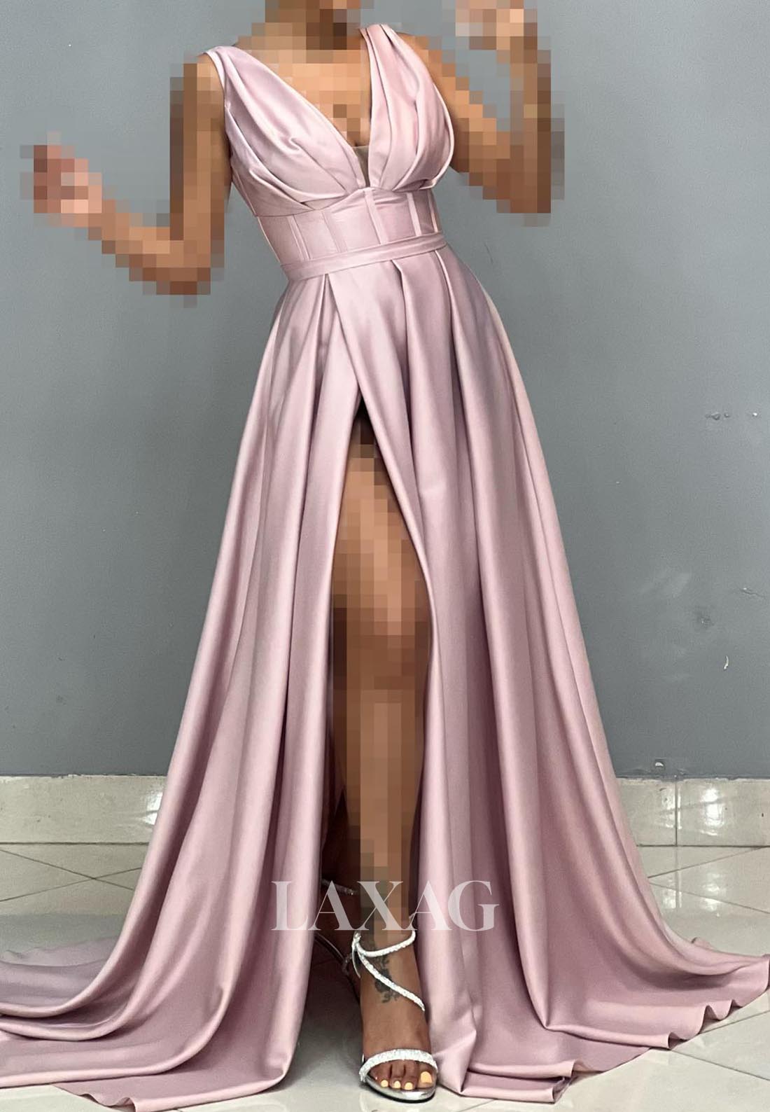 Deep V-Neck Sleeveless Off-Shoulder A-Line Evening Dress Straps Pleated High Slit Satin Formal Gowns