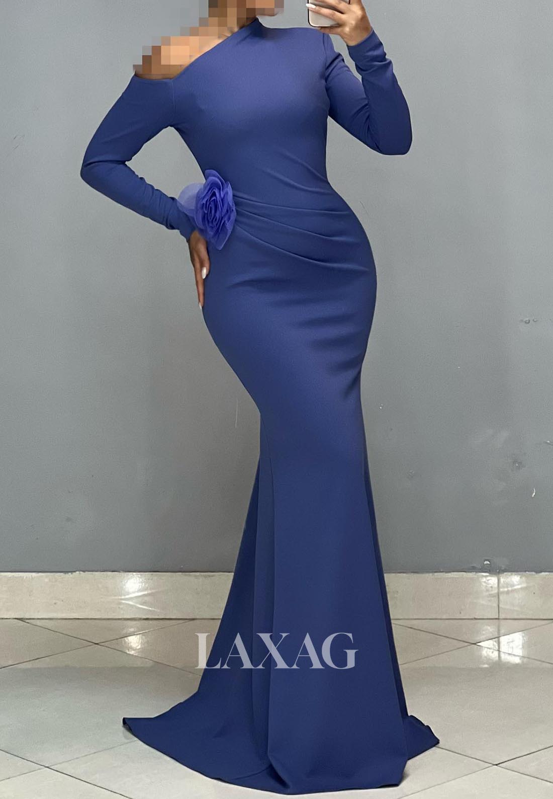 Asymmetrical-Neck Long-Sleeves Satin Formal Gowns Pleated Sweep Train Mermaid Evening Dress