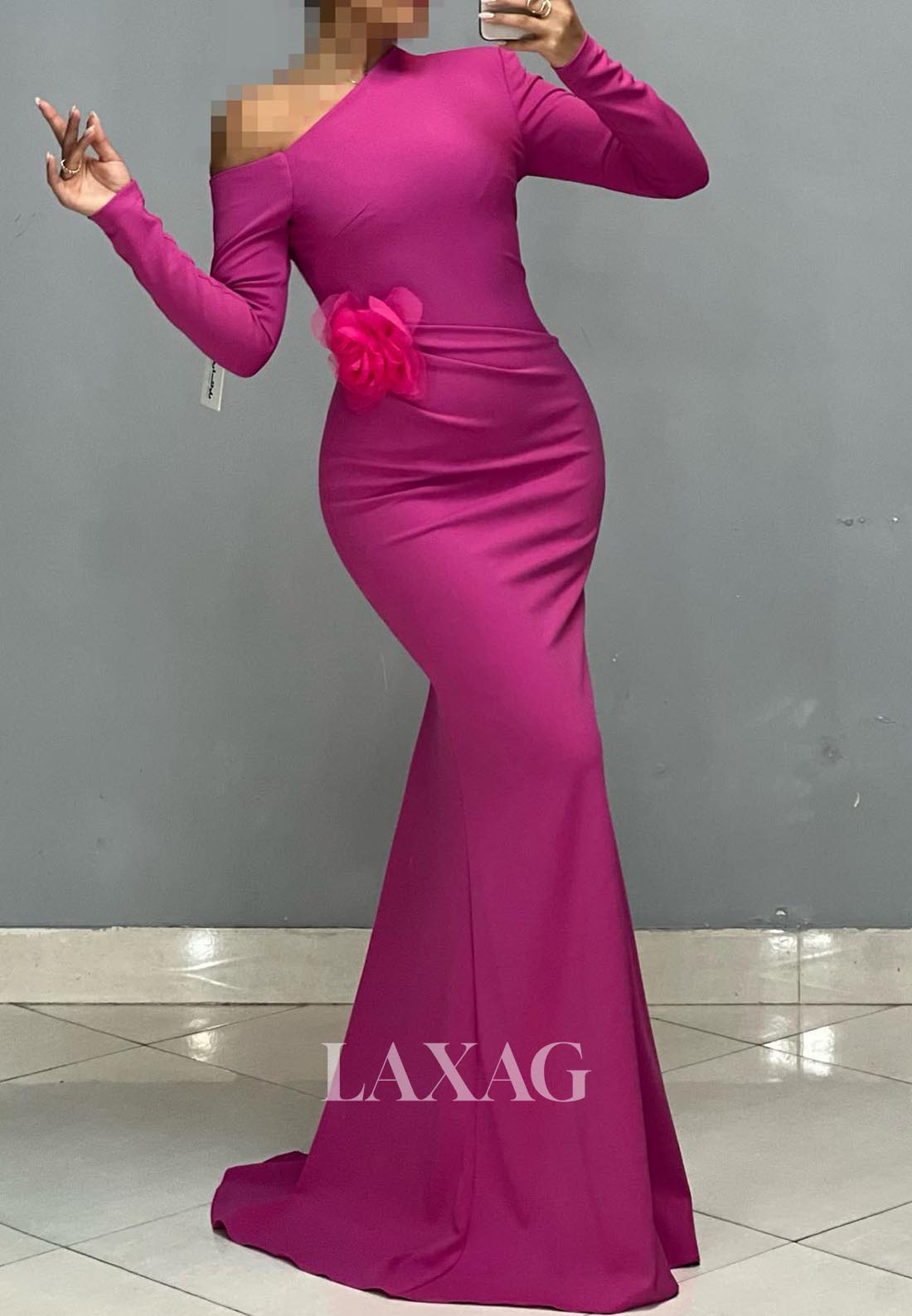 Asymmetrical-Neck Long-Sleeves Satin Formal Gowns Pleated Sweep Train Mermaid Evening Dress