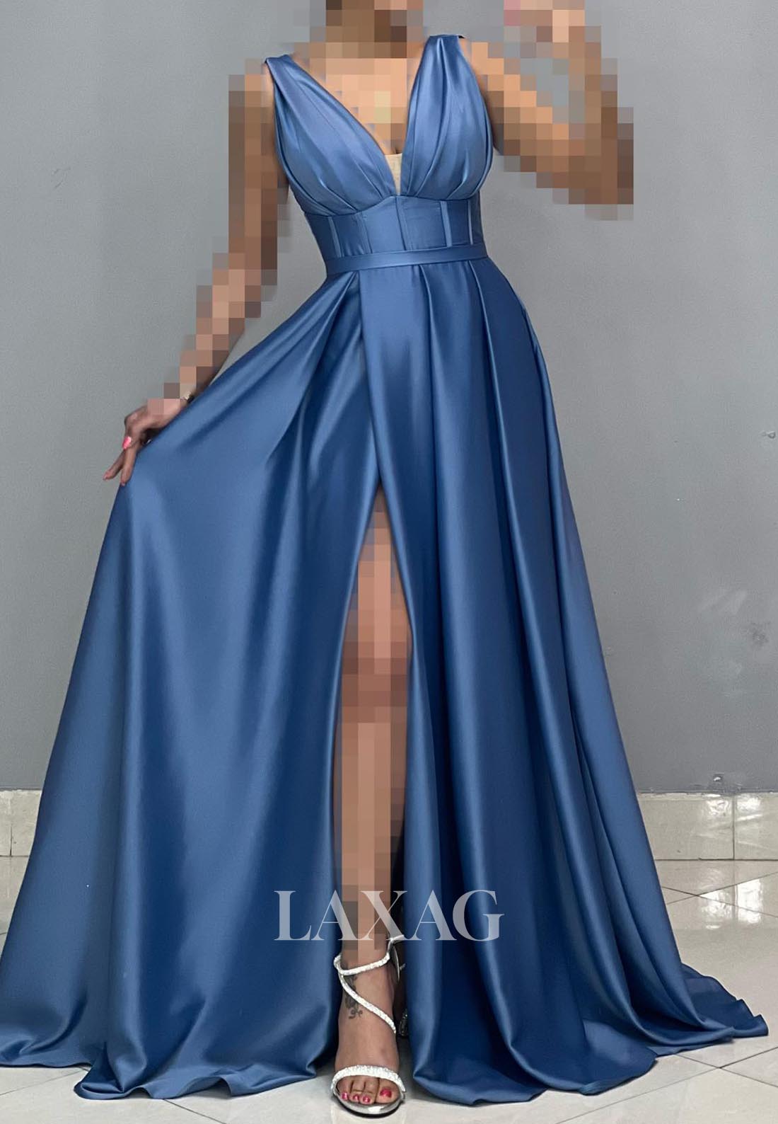 Deep V-Neck Sleeveless Off-Shoulder A-Line Evening Dress Straps Pleated High Slit Satin Formal Gowns