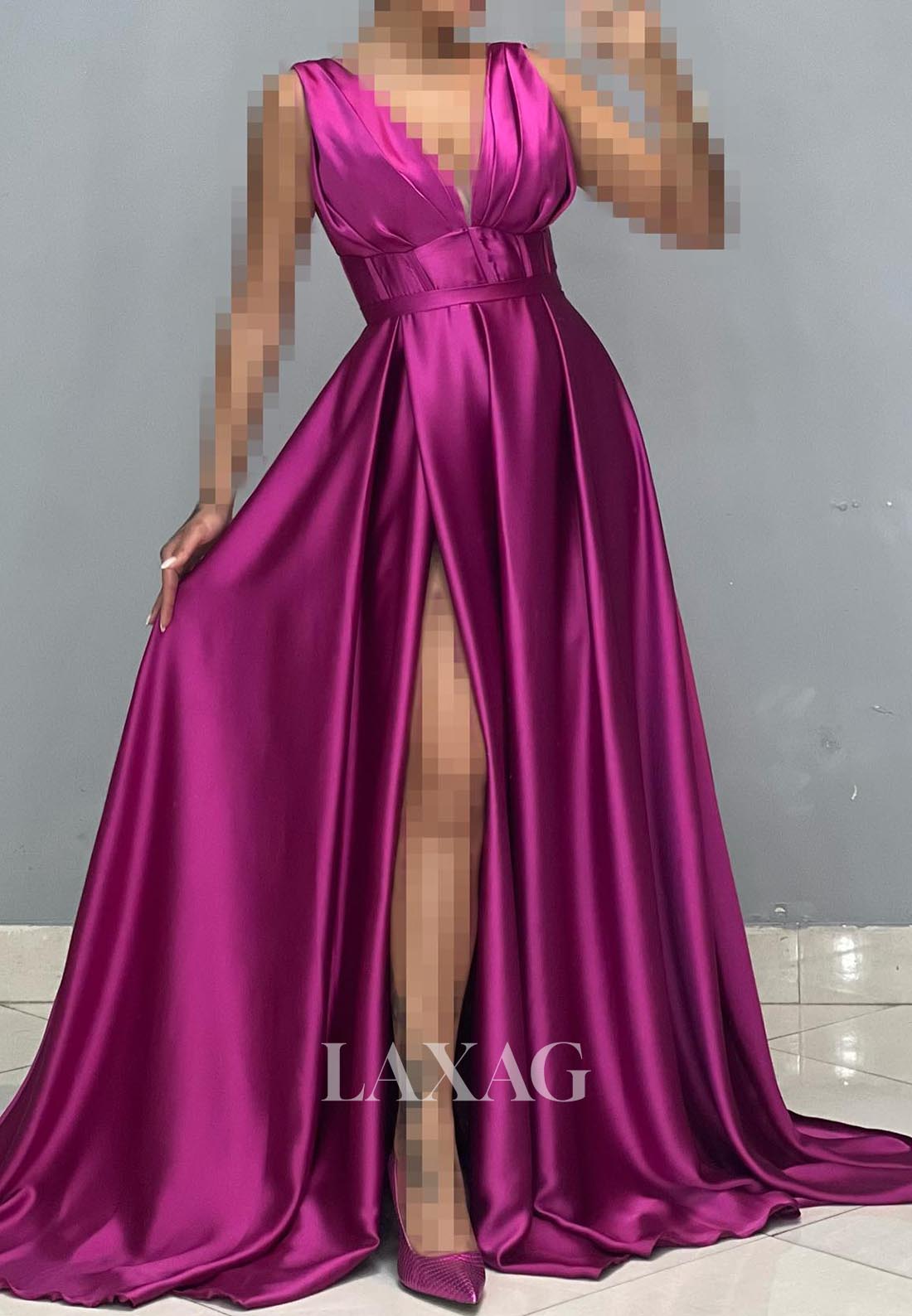 Deep V-Neck Sleeveless Off-Shoulder A-Line Evening Dress Straps Pleated High Slit Satin Formal Gowns