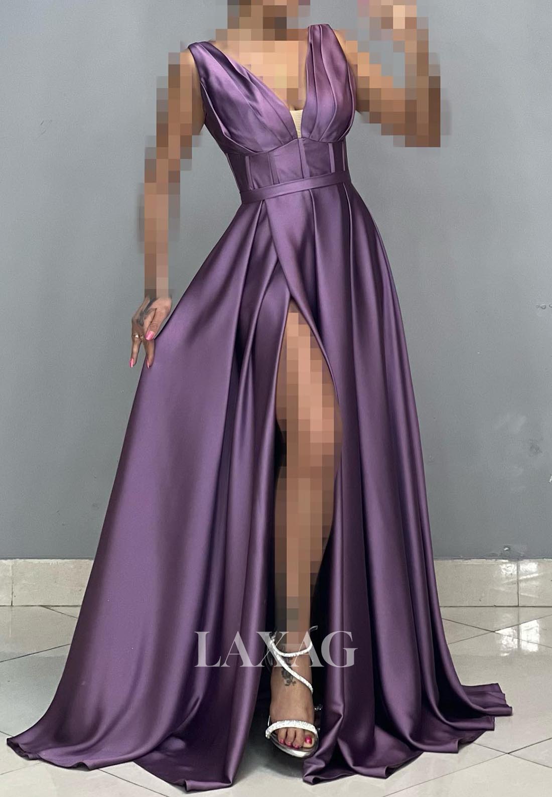Deep V-Neck Sleeveless Off-Shoulder A-Line Evening Dress Straps Pleated High Slit Satin Formal Gowns