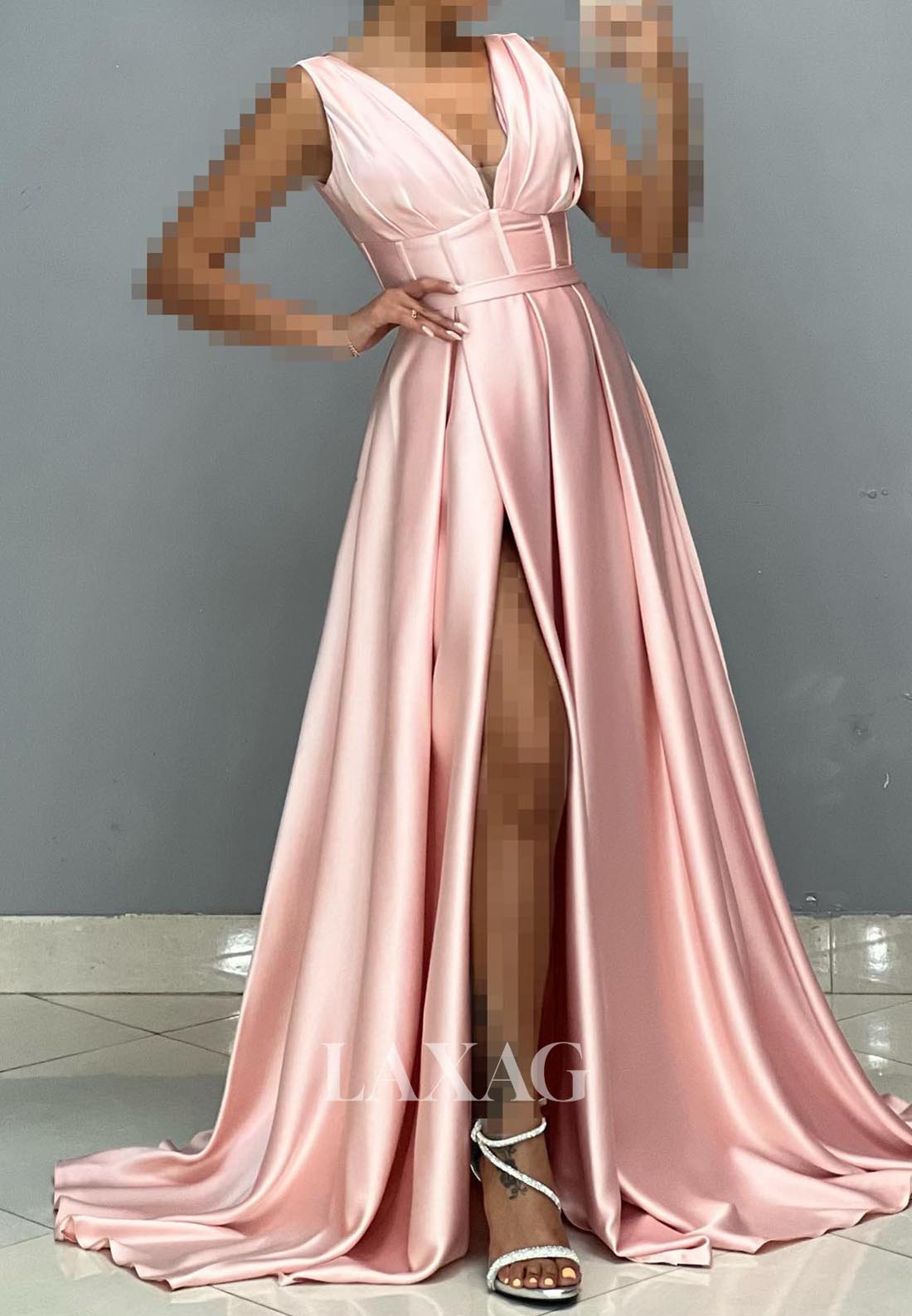 Deep V-Neck Sleeveless Off-Shoulder A-Line Evening Dress Straps Pleated High Slit Satin Formal Gowns