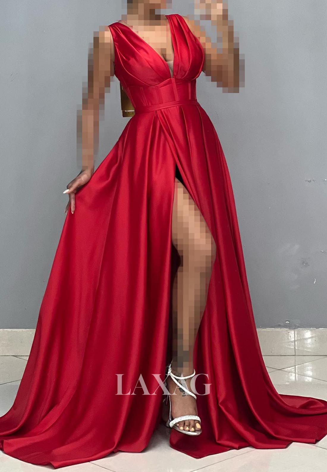 Deep V-Neck Sleeveless Off-Shoulder A-Line Evening Dress Straps Pleated High Slit Satin Formal Gowns