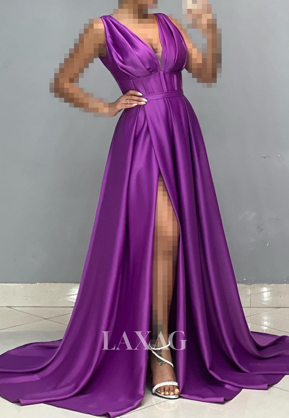 Deep V-Neck Sleeveless Off-Shoulder A-Line Evening Dress Straps Pleated High Slit Satin Formal Gowns
