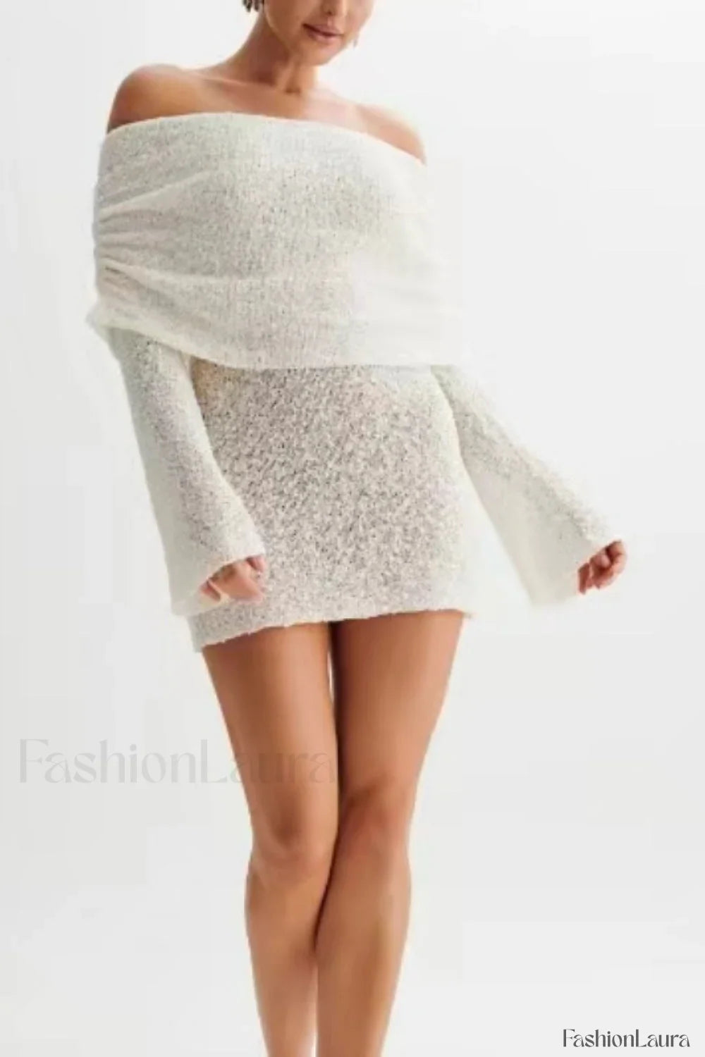 Sheer Long Sleeve Off-Shoulder Knit Work Dress