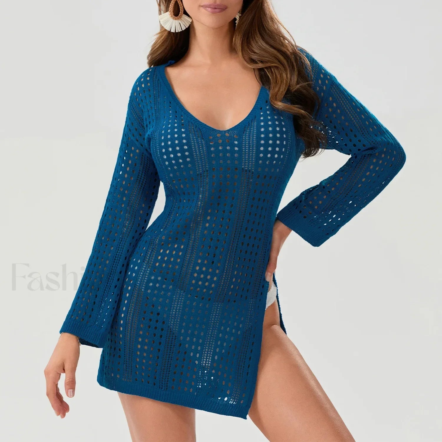 Sheer Long Sleeve Swimsuit Cover Up Blue / S