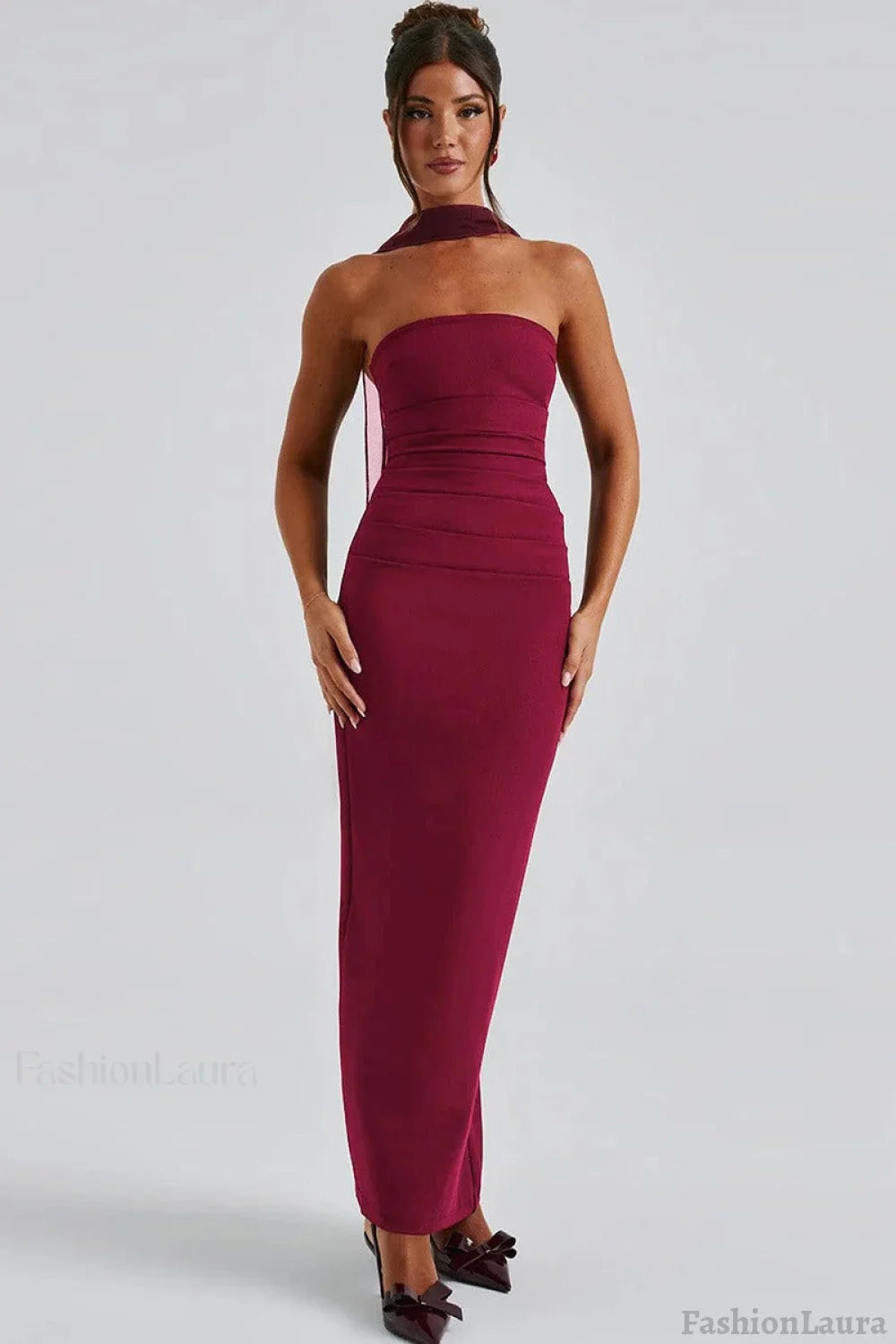 Sheer Sleeve Bustier Gown Formal Dress