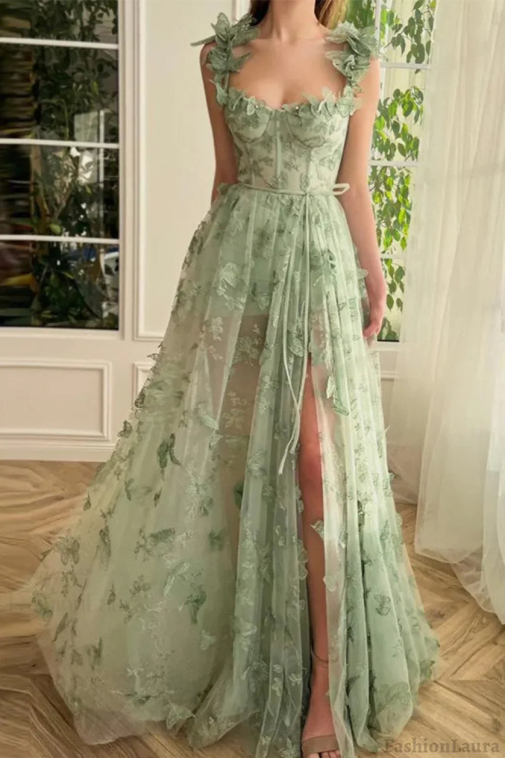 Sheer Tulle Spaghetti Strap High Slit Party Dress S / Green