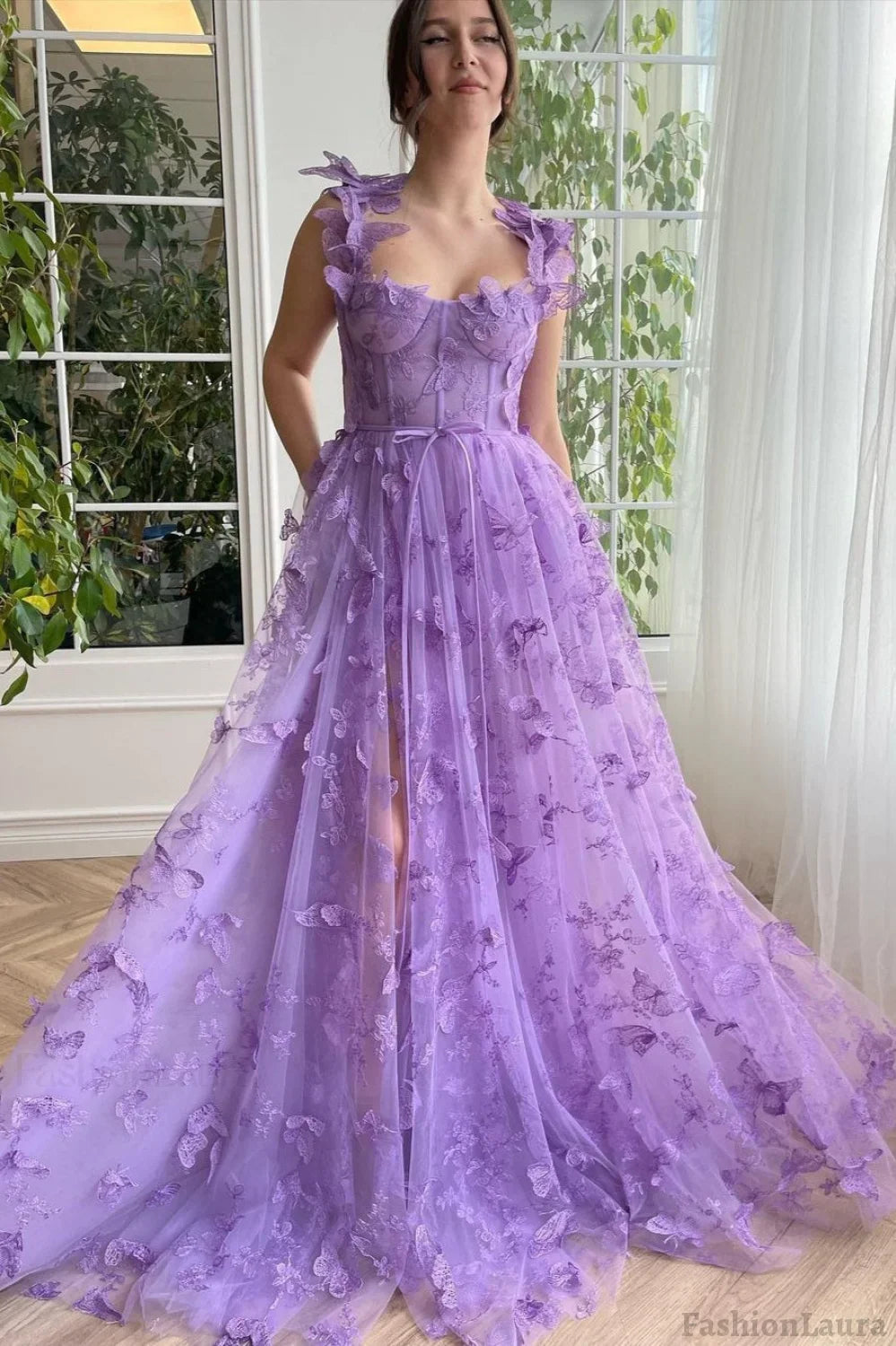 Sheer Tulle Spaghetti Strap High Slit Party Dress S / Purple