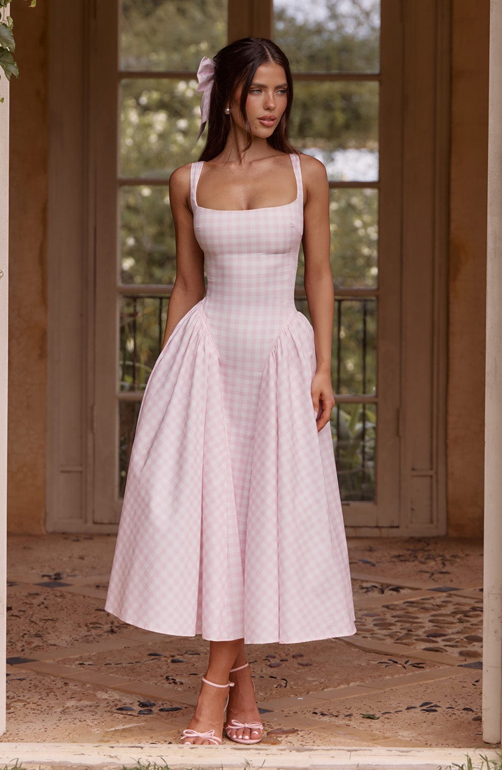 Gingham Square Neck Sleeveless Drop Waist Fit and Flare Midi Dress