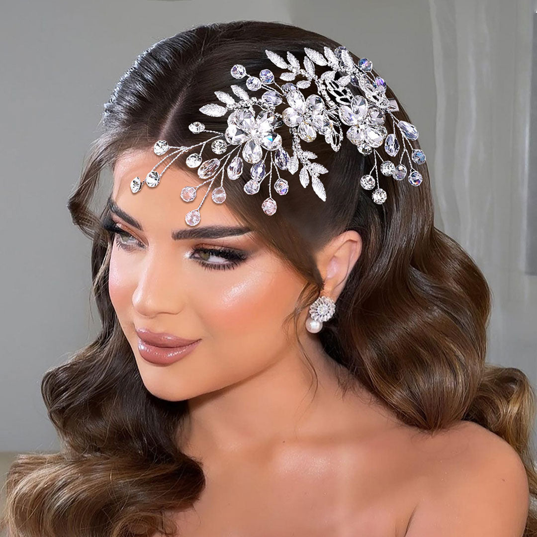 Shimmering Rhinestone Trim Rosette Metallic Leaf Bridal Hair Vine