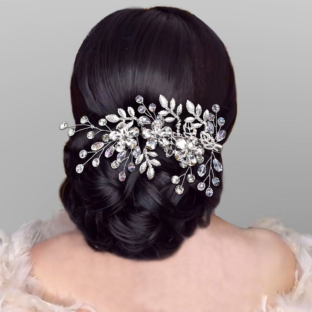 Shimmering Rhinestone Trim Rosette Metallic Leaf Bridal Hair Vine