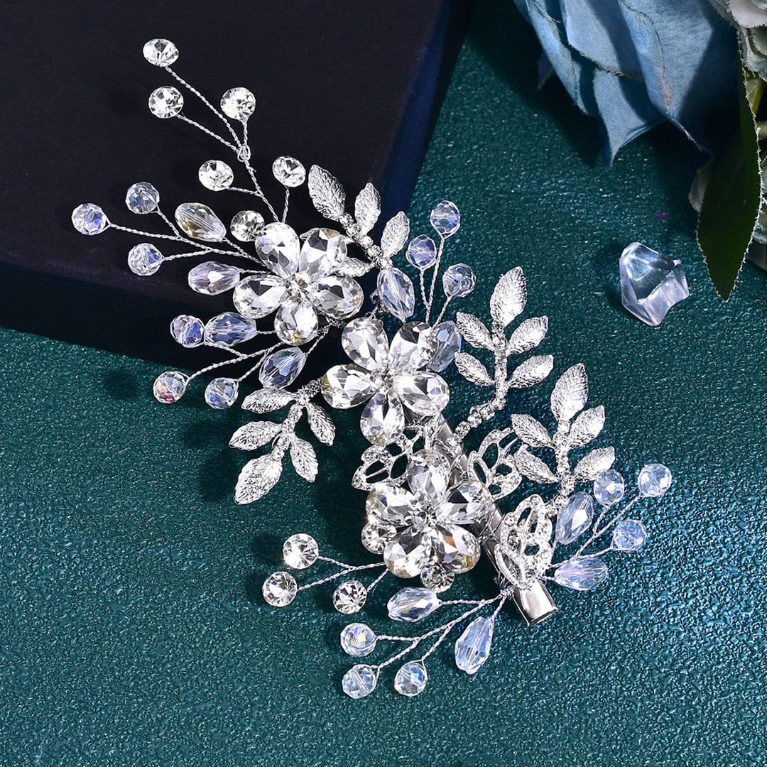 Shimmering Rhinestone Trim Rosette Metallic Leaf Bridal Hair Vine