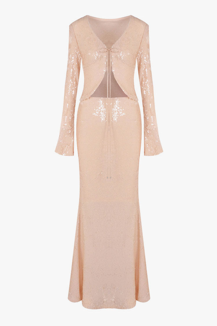 Shimmering Sequin Tie Front Jacket Fishtail Maxi Skirt Matching Set