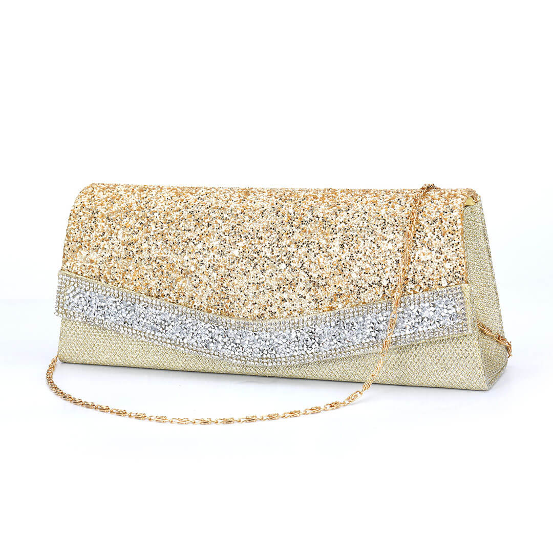 Shimmery Rhinestone Embellished Textured Flap Clutch Evening Bag - Gold