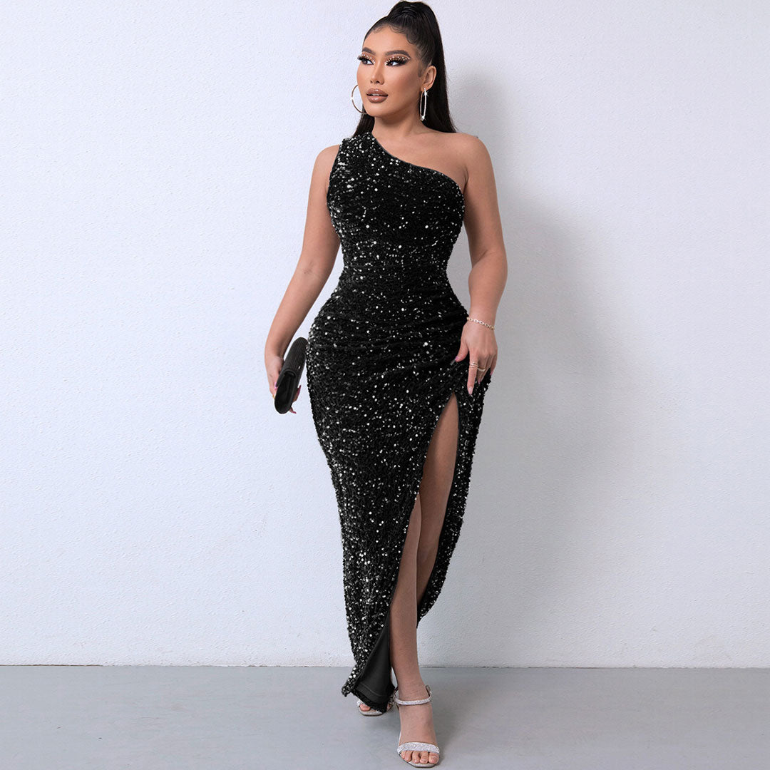 Sequin One Shoulder Ruched High Split Bodycon Maxi Dress