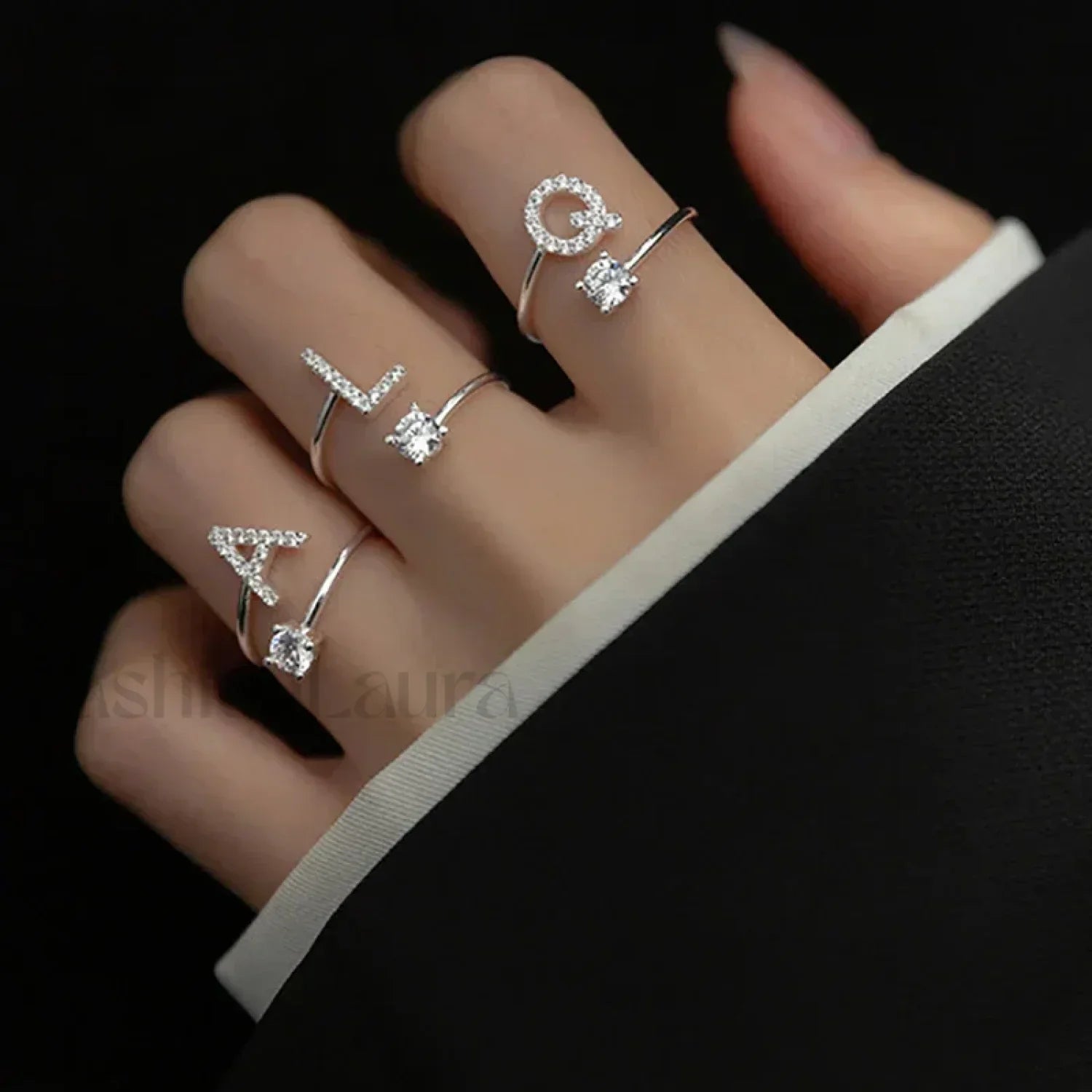 Shining Rhinestone New Fashion Initial Alphabet Opening Charm Jewelry Ring
