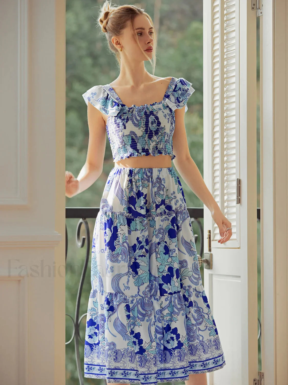 Shirred Floral Graceful Print Skirt Set