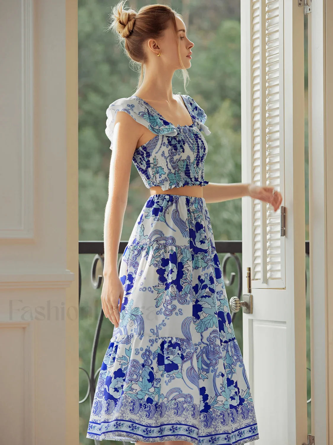 Shirred Floral Graceful Print Skirt Set