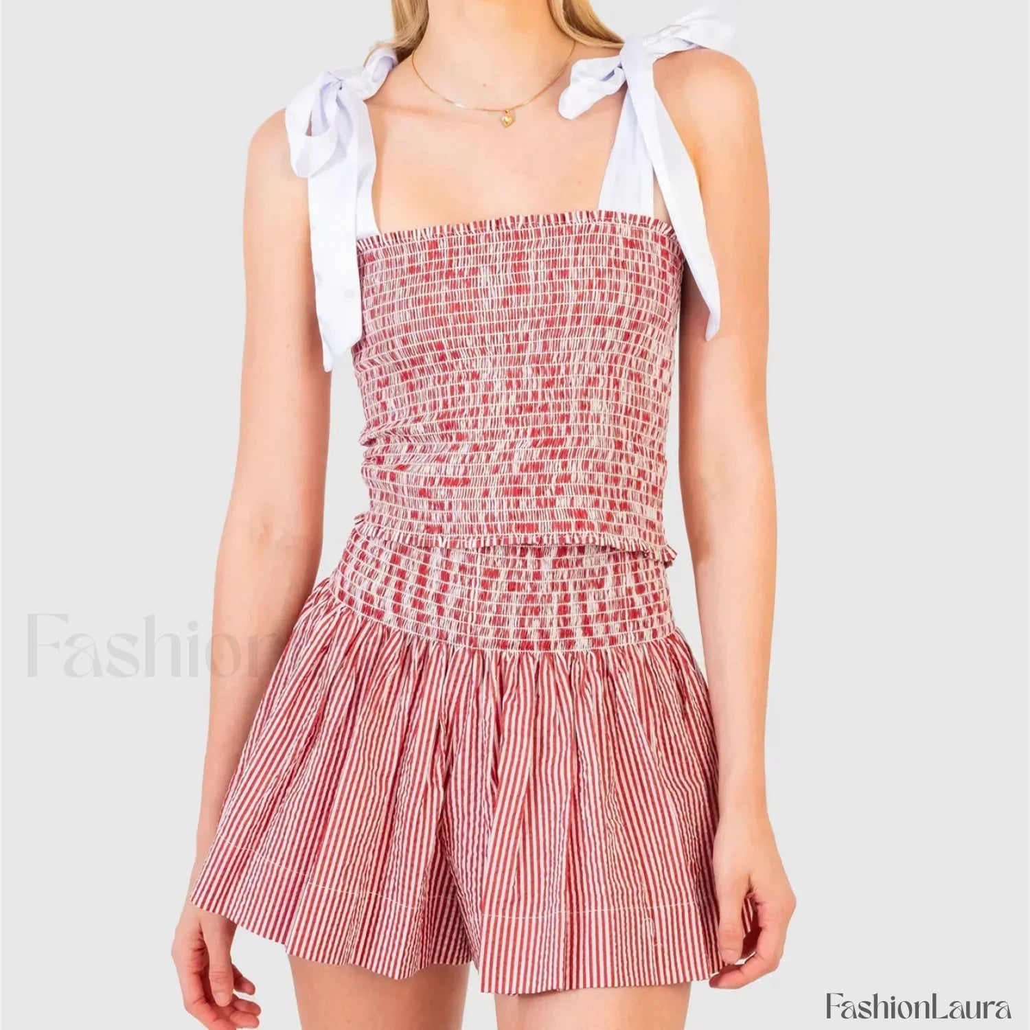 Shirred Tie Shoulder Crop Cami Elastic Waist Shorts Two Piece Set