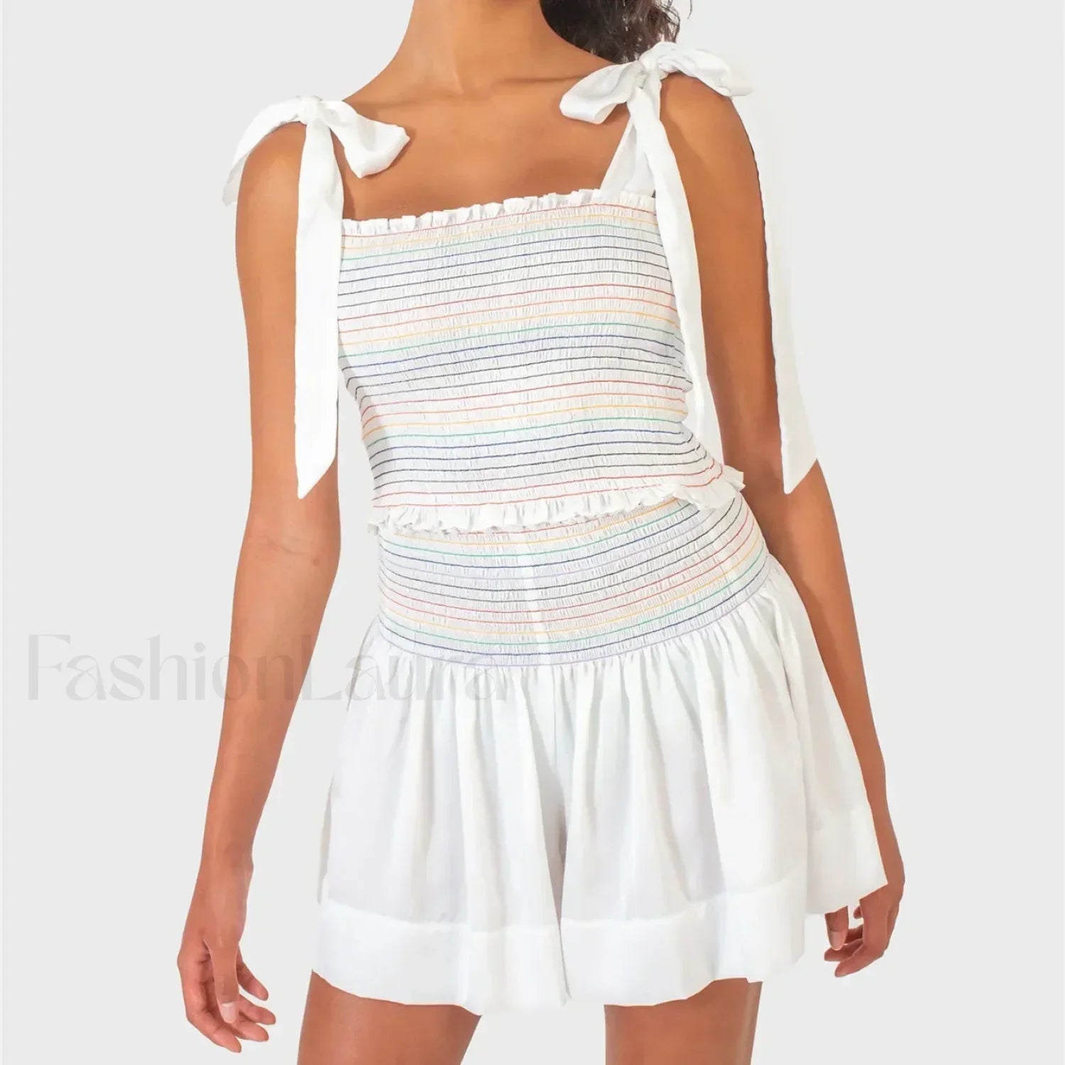 Shirred Tie Shoulder Crop Cami Elastic Waist Shorts Two Piece Set